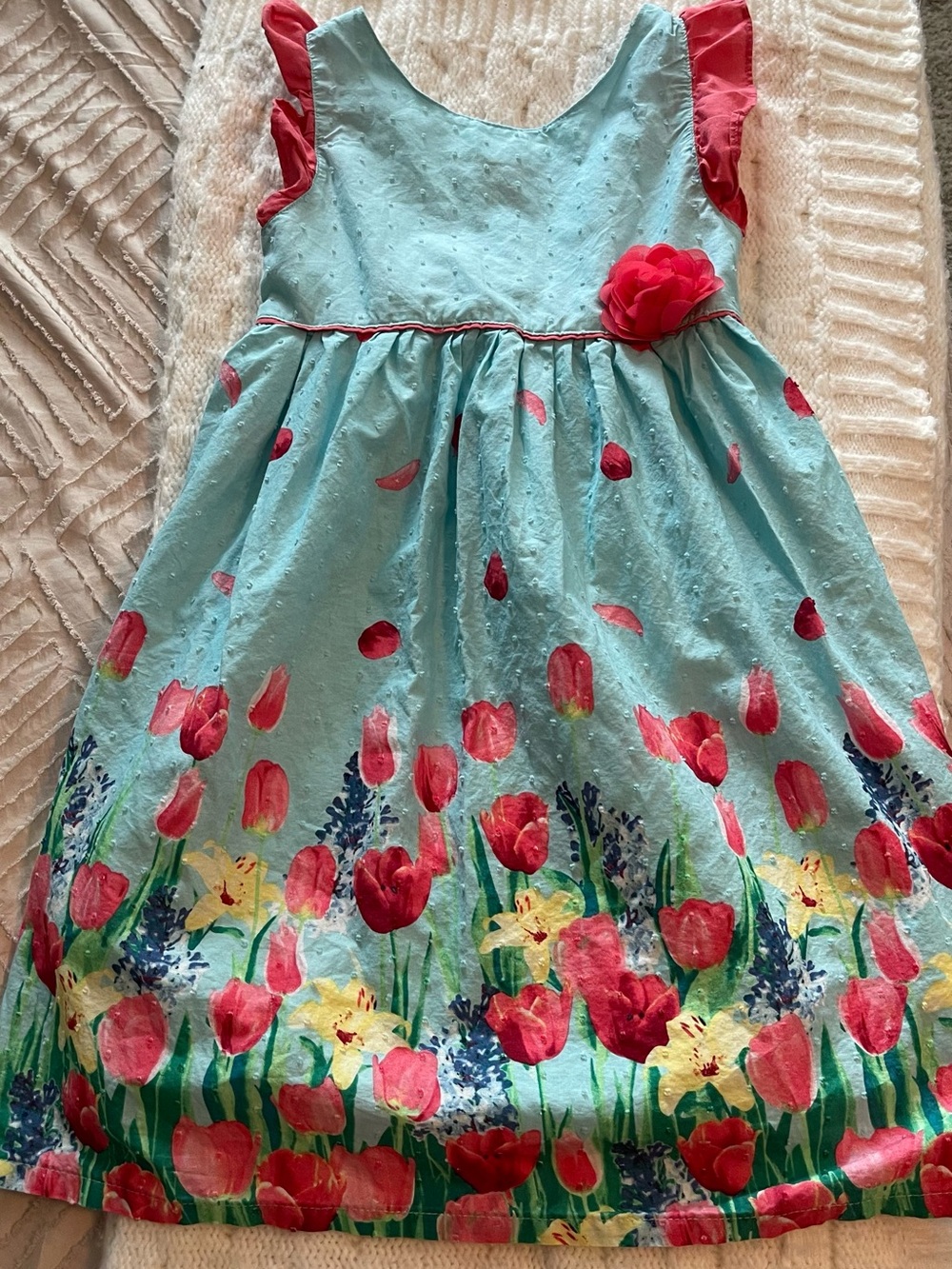 Penelope Girls Aqua Floral Tulip Dress with Coral Accents